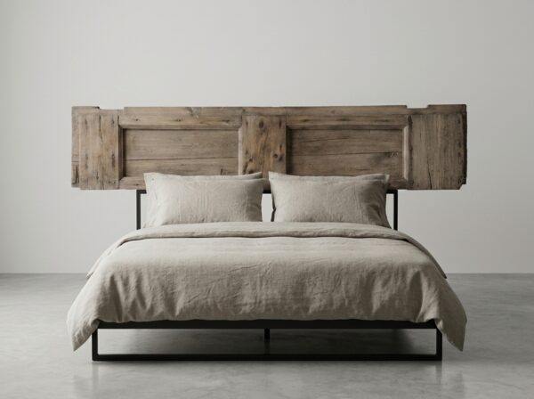 Double_bed_with_wooden_door_202607150854 Porta Antica in Abete – Un Pezzo Unico per il Tuo Design d'Interni