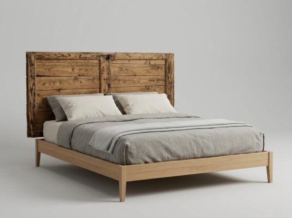 Modern_bed_with_wooden_door_202607161613 Porta Antica in Abete – Un Pezzo Unico per la tua camera da letto